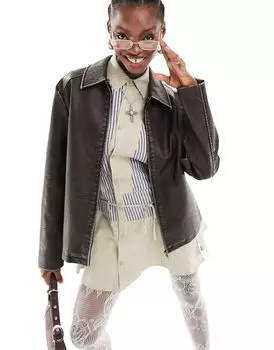 Коричневая куртка оверсайз в стиле Харрингтон из искусственной кожи с потертостями COLLUSION