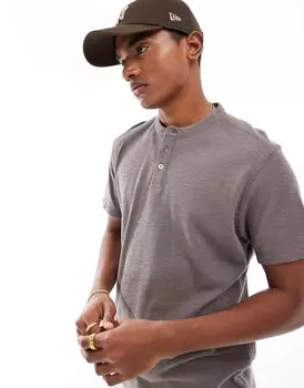 Коричневая льняная футболка на пуговицах ASOS DESIGN