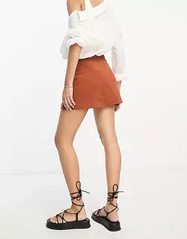 Коричневая льняная мини-юбка с запахом ASOS DESIGN