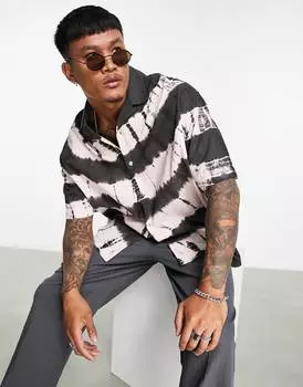Коричневая льняная рубашка свободного кроя с принтом тай-дай ASOS DESIGN