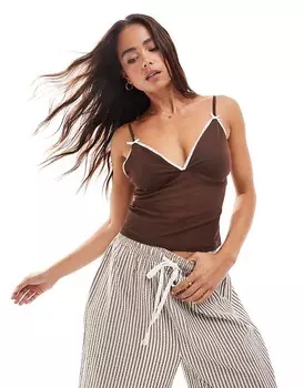 Коричневая майка из сетки с контрастными рюшами и бантами ASOS DESIGN