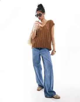 Коричневая майка с вязаным воротником и открытой строчкой ASOS DESIGN