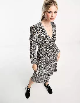 Коричневая мини-мини с длинными рукавами и пуговицами Monki, анималистичным принтом