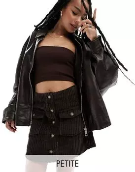 Коричневая мини-юбка с длинным шнурком на пуговицах ASOS DESIGN Petite