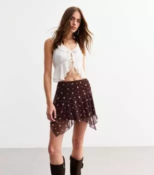 Коричневая мини-юбка в сеточку со складками и цветочным принтом New Look, коричневый