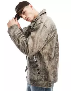 Коричневая мотоциклетная куртка оверсайз из мытой натуральной кожи ASOS