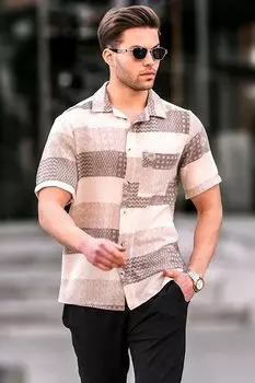 Коричневая мужская жаккардовая рубашка с коротким рукавом 5590 MADMEXT