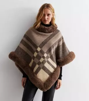 Коричневая накидка в клетку Gini London с отделкой из искусственного меха Gini London, коричневый