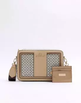 Коричневая объемная сумка через плечо с монограммой River Island Ri