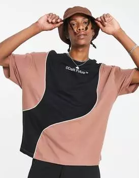 Коричневая оверсайз-футболка ASOS Dark Future с изогнутым вырезом и деталями с окантовкой и логотипом ASOS
