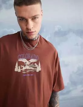 Коричневая оверсайз-футболка с городским принтом на груди ASOS