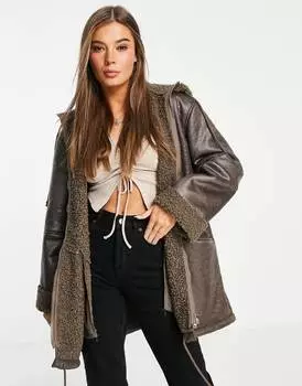 Коричневая парка из овчины ASOS DESIGN