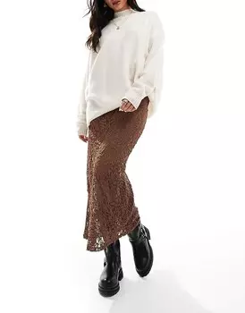 Коричневая прозрачная кружевная юбка макси ASOS DESIGN