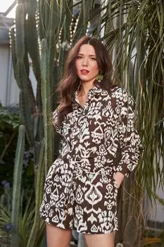 Коричневая рубашка оверсайз с длинными рукавами и геометрическим принтом Another Sunday, коричневый