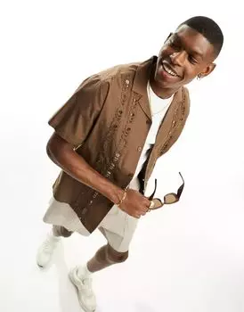 Коричневая рубашка свободного кроя с воротником с лацканами и вставками из английской вышивки ASOS