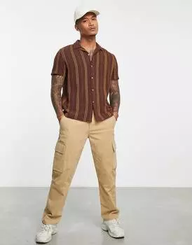 Коричневая рубашка в полоску с непринужденной текстурой ASOS DESIGN ASOS DESIGN