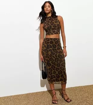 Коричневая сетчатая юбка-миди с леопардовым принтом New Look, коричневый