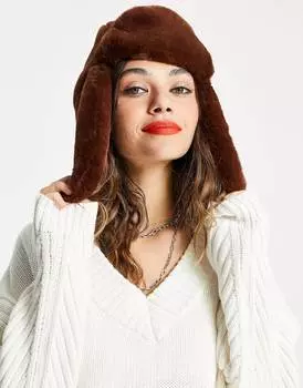 Коричневая шапка-ушанка из искусственного меха ASOS DESIGN