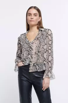 Коричневая шифоновая рубашка с оборками спереди River Island, коричневый
