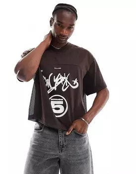 Коричневая спортивная футболка оверсайз с принтом спереди и сзади ASOS DESIGN