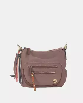 Коричневая сумка через плечо из саржевого полиуретана и разноцветной кисточкой по бокам Volum