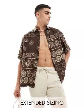 Коричневая свободная рубашка с лагерным воротником и принтом ASOS DESIGN
