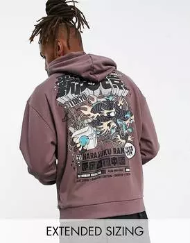 Коричневая толстовка оверсайз с принтом дракона на спине ASOS DESIGN