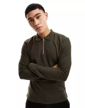 Коричневая трикотажная рубашка-поло Jack & Jones Premium с короткими рукавами и короткой молнией