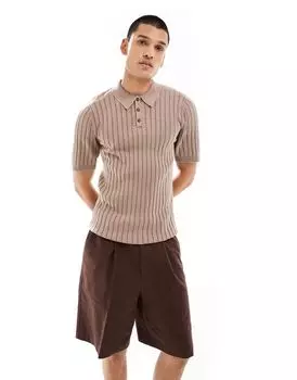 Коричневая трикотажная рубашка в рубчик с эффектом потертости ASOS DESIGN