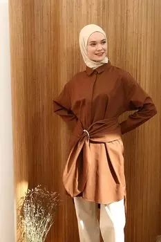 Коричневая туника-рубашка удобного кроя с поясом ALL DAY