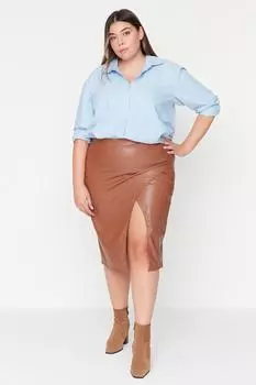 Коричневая юбка-карандаш из искусственной кожи с разрезом Trendyol, коричневый