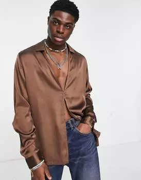 Коричневая укороченная атласная рубашка с застежкой на крючки ASOS DESIGN