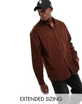 Коричневая вельветовая рубашка оверсайз в стиле 90-х ASOS с фактурным узором в клетку