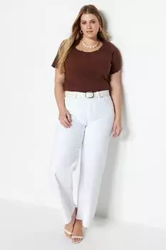 Коричневая вязаная футболка в рубчик с U-образным вырезом Trendyol, коричневый