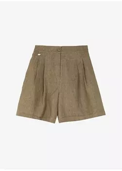 Коричневая женская стандартная юбка с высокой талией и металлическим логотипом плиссированные льняные шорты Brooks Brothers, коричневый