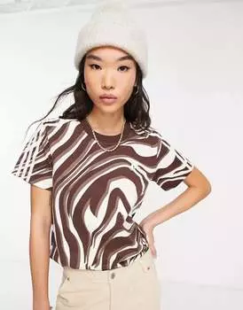 Коричнево-бежевая футболка с тремя полосками и зебровым принтом adidas Originals Animal Abstract