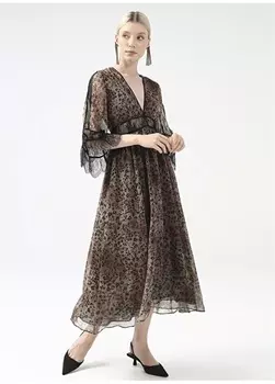 Коричнево-бежевое женское платье миди с V-образным вырезом и узором Fabrika