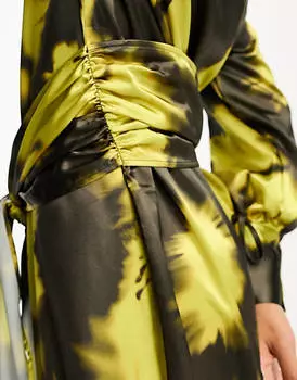 Коричнево-лаймовое платье-рубашка с поясом и манжетами ASOS DESIGN