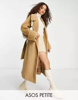 Коричневое элегантное пальто с начесом и поясом ASOS DESIGN Petite