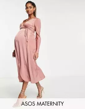 Коричневое асимметричное атласное платье с запахом и завязкой на талии ASOS Maternity