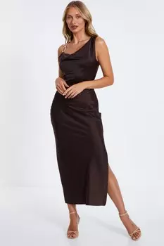 Коричневое атласное платье-хомут с вырезом мидакси QUIZ Clothing