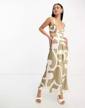 Коричневое атласное платье миди с воротником-халтером ASOS DESIGN, геометрическим принтом, глубоким вырезом и вырезом на талии