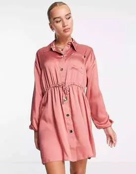 Коричневое атласное платье-рубашка мини в стиле милитари River Island