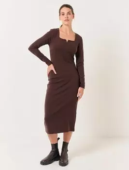 Коричневое базовое платье-миди с квадратным вырезом и длинными рукавами Jimmy Key