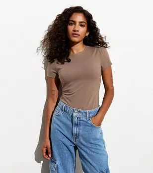 Коричневое боди из эластичного хлопка Petite с короткими рукавами New Look, бордовый