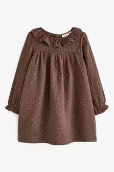 Коричневое девичье платье с рюшей по вырезу и принтом в горошек Lil Atelier, коричневый