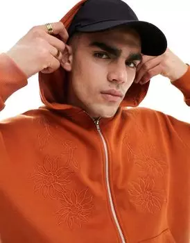 Коричневое худи оверсайз на молнии с цветочной вышивкой ASOS DESIGN