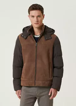 Коричневое кожаное пальто с капюшоном и деталью гарни Beymen