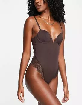 Коричневое кружевное боди на косточках ASOS DESIGN Contouring среднего контроля