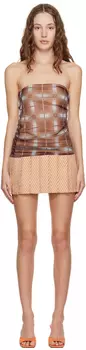 Коричневое мини-платье без бретелек в клетку Sultry Virgin